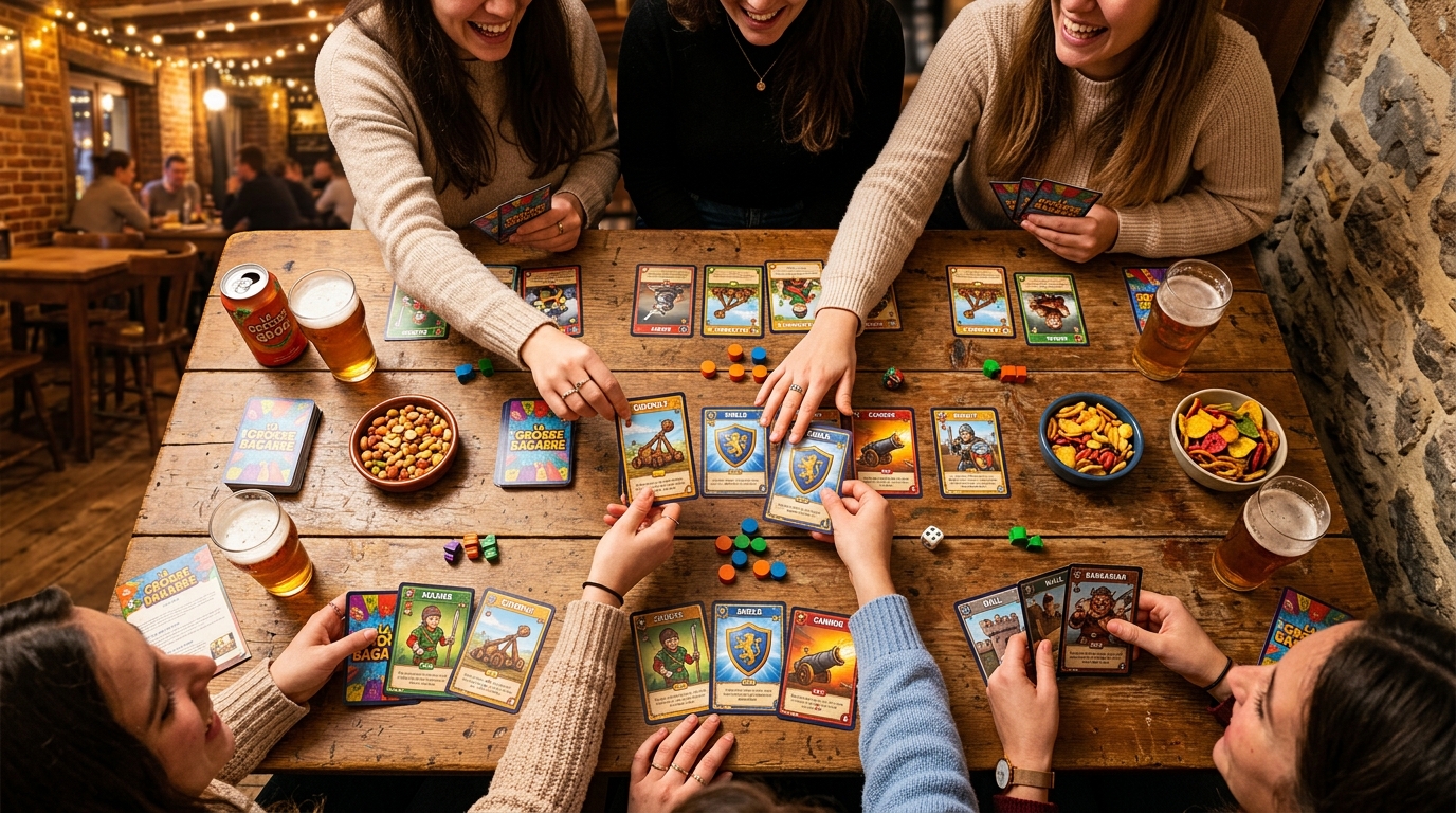 Partie de La Grosse Bagarre autour d'une table d'apéro entre amis